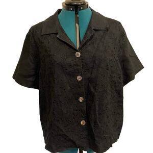 Plaza South Womens Short Sleeve Button Down Floral Black Shirt Linen Collared XL